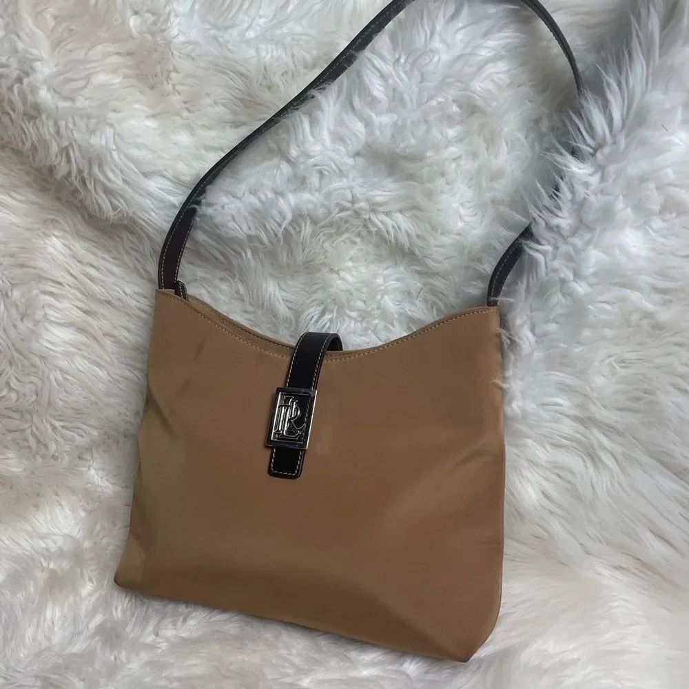 Lauren Ralph Lauren Nylon Tan Shoulder Bag with Brown Strap silver tone accent.